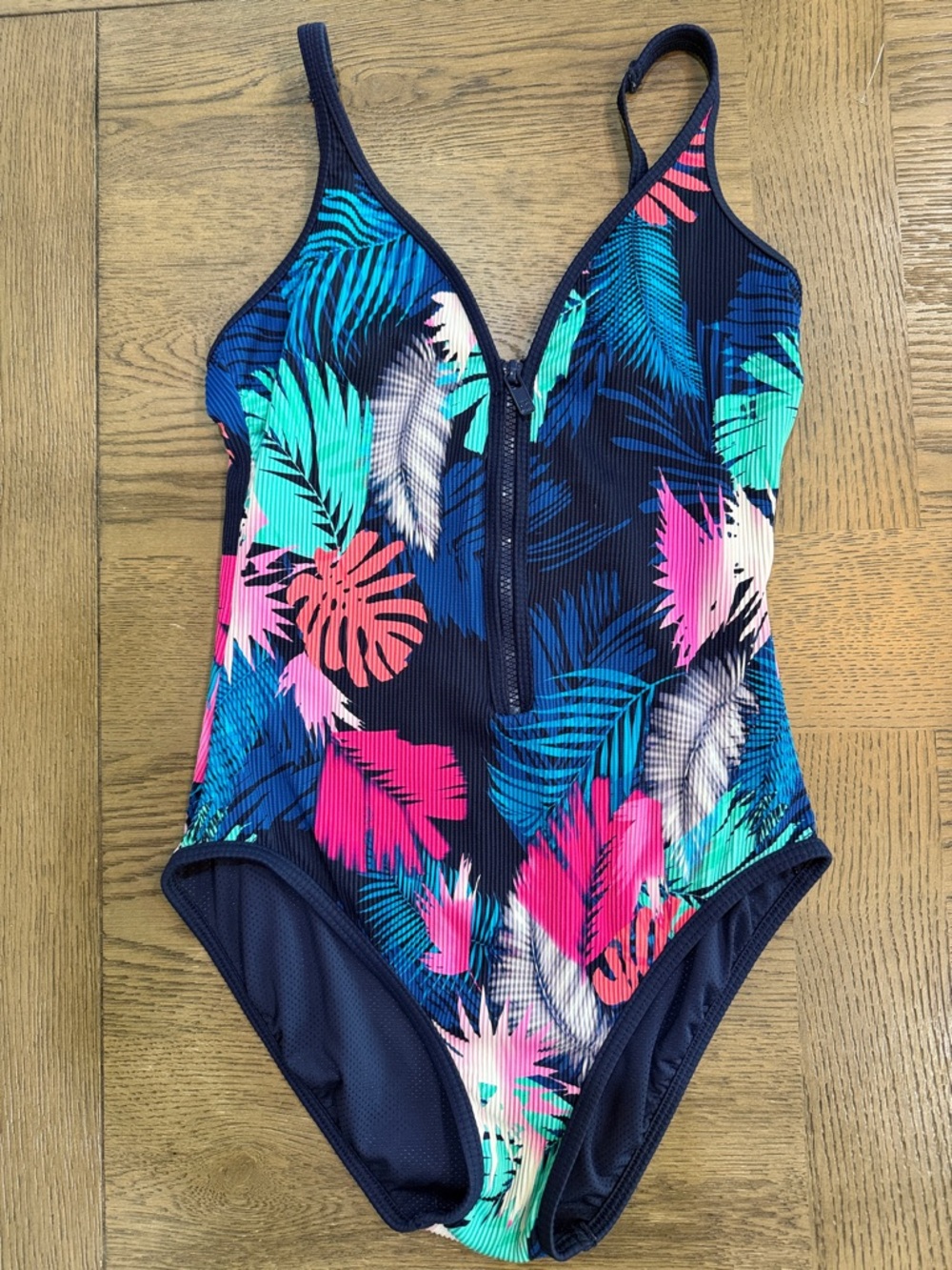 NEW- Beach House Navy One-Piece Sport
Suit with Teal and Hot Pink Tropical Print